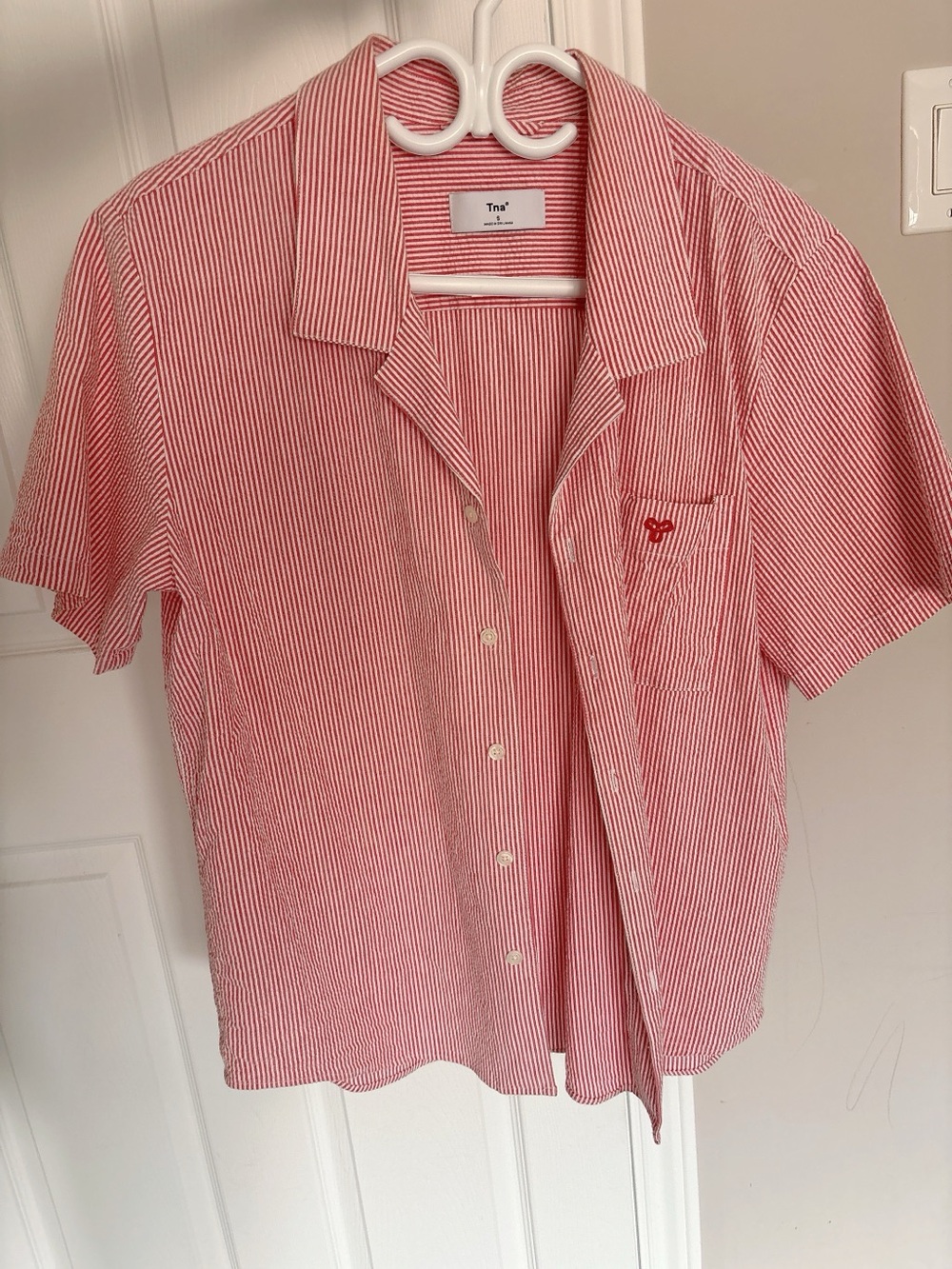 aritzia Tna Red Striped Short Sleeve Button-Up Shirt